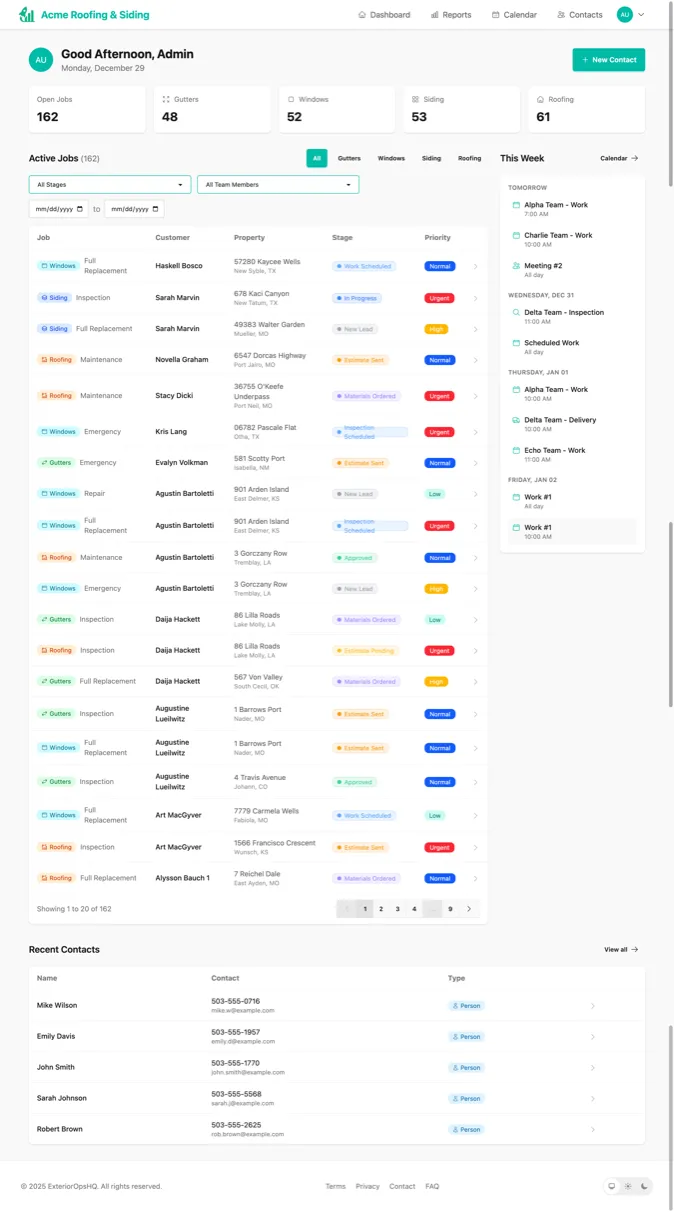 ExteriorOpsHQ Dashboard - job overview and pipeline